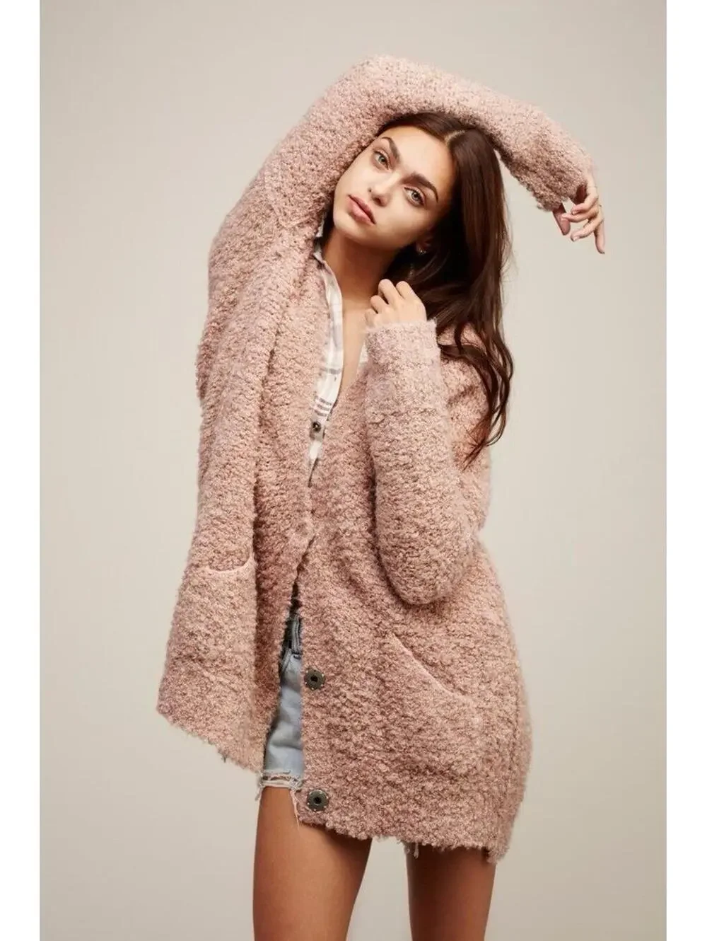 (RFB1) Free People Boucle Slouch Cardi Mauve Pink Medium EUC Oversized Cardigan
